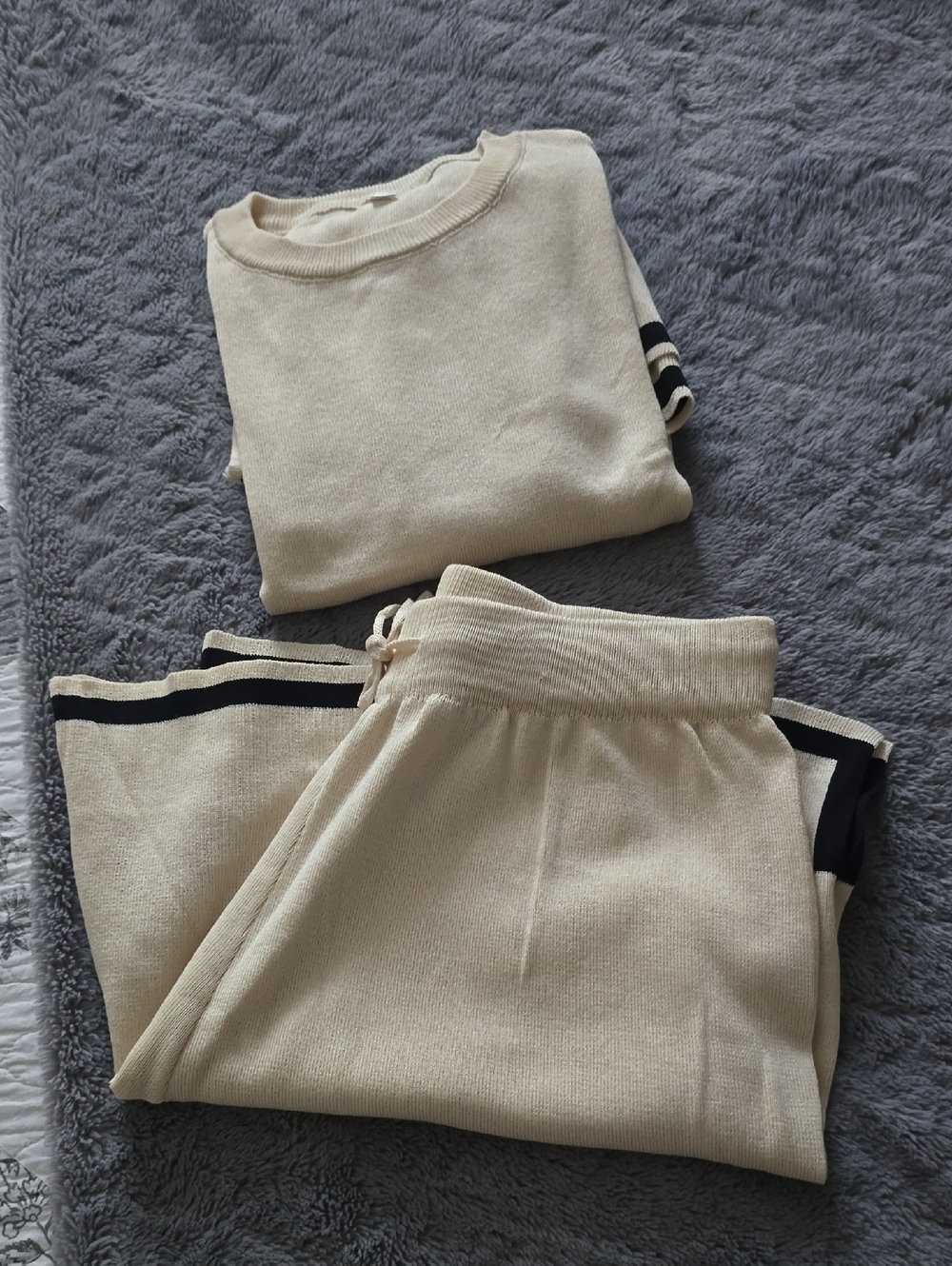 Amazon Womens Cream Knit Lounge Set with Black Stripe Detail